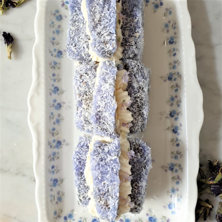Blue Butterfly Pea Lamingtons by New Zealand Herbal Brew